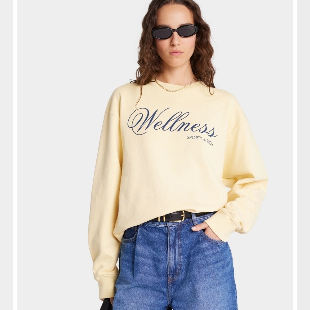 Sporty & Rich Butter Yellow Wellness Crewneck Sweatshirt 100% Cotton Sz M NEW